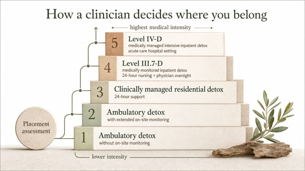 Visualize the ASAM/SAMHSA ladder of detox and treatment levels of care referenced in this section, giving readers a clear map of where they might be placed