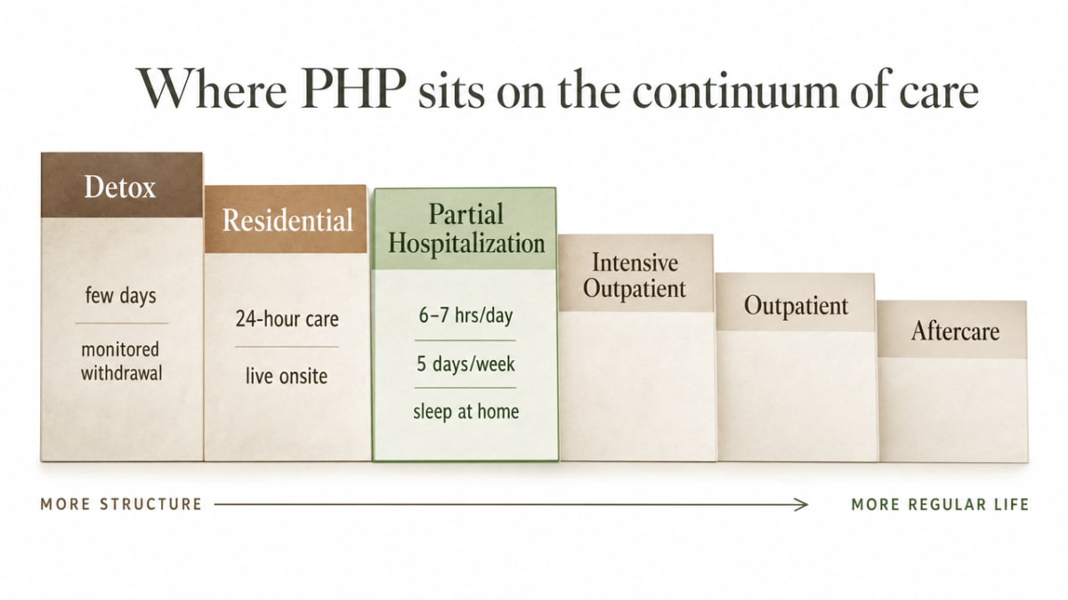 Visualize the levels-of-care ladder described in this section, showing how PHP sits between residential and IOP with corresponding weekly hours