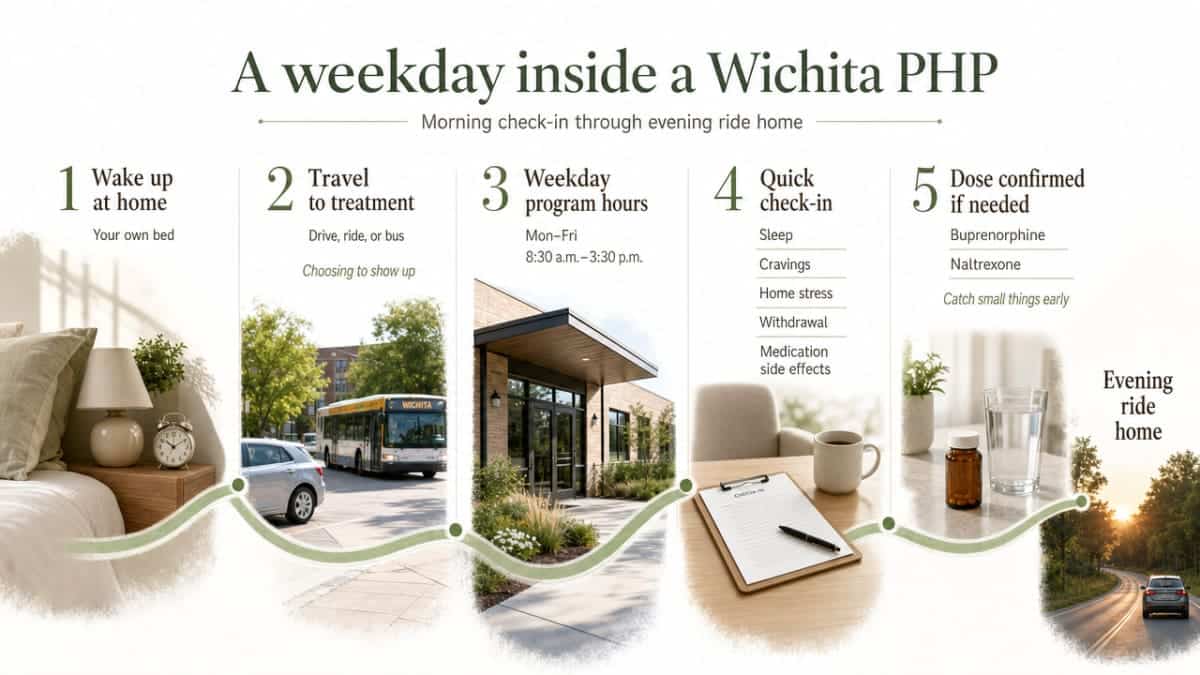 Process infographic mapping the described daily PHP schedule from morning check-in through evening ride home