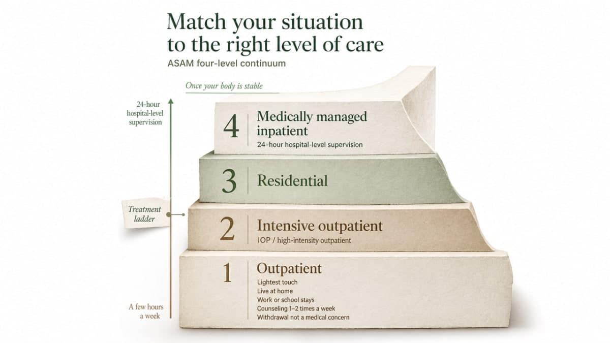 Visualize the ASAM four-level continuum of care described in this section, helping readers self-locate on the ladder from outpatient to medically managed inpatient