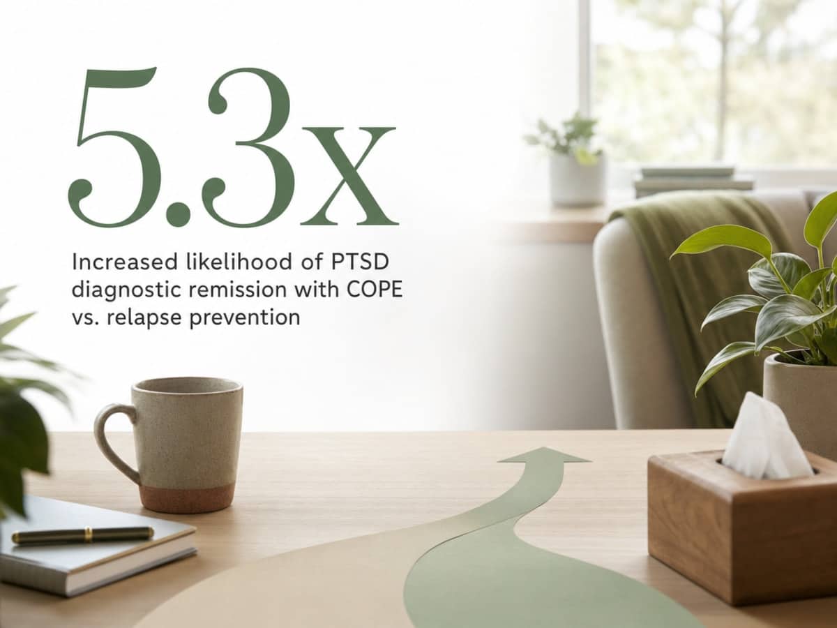 Infographic showing Increased likelihood of PTSD diagnostic remission with COPE vs. relapse prevention