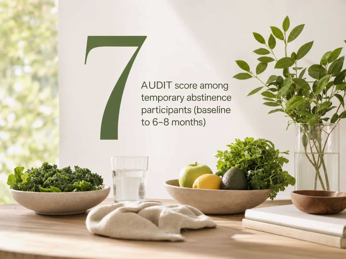 Infographic showing AUDIT score among temporary abstinence participants (baseline to 6–8 months)
