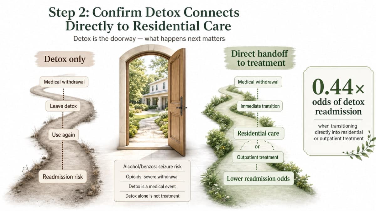 Contrast the two pathways after detox to show why a direct handoff to residential care matters, anchored by the cited odds ratio