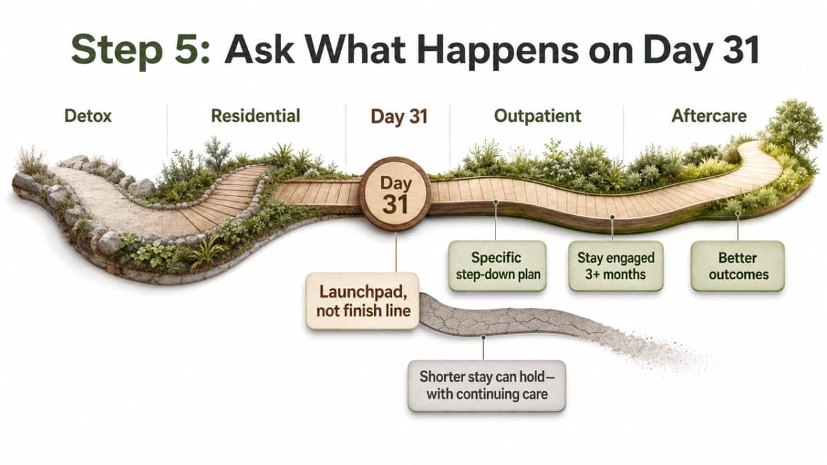 Visualize the continuum-of-care journey from detox through aftercare to reinforce that 30 days is a launchpad, not a finish line