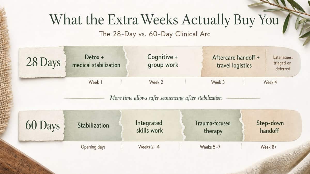 Visualize the week-by-week clinical arc described in the article, showing how 60 days sequences stabilization, integrated skills work, deeper trauma therapy, and step-down handoff — a workflow the section explicitly maps out