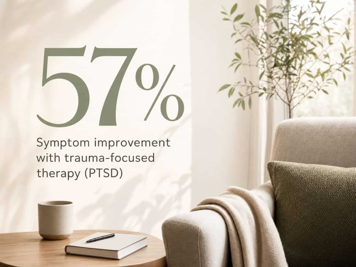 Infographic showing Symptom improvement with trauma-focused therapy (PTSD)