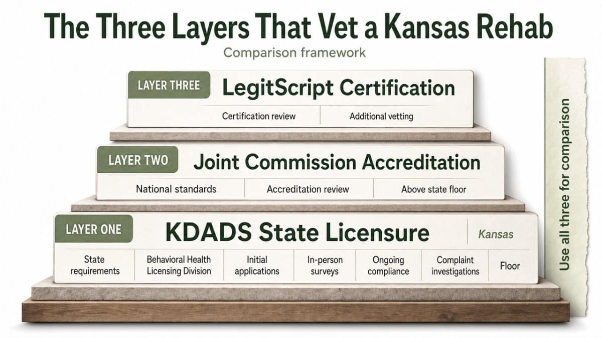 Visualize the three-layer oversight framework (KDADS licensure, Joint Commission accreditation, LegitScript certification) that the section explicitly describes as a comparison framework