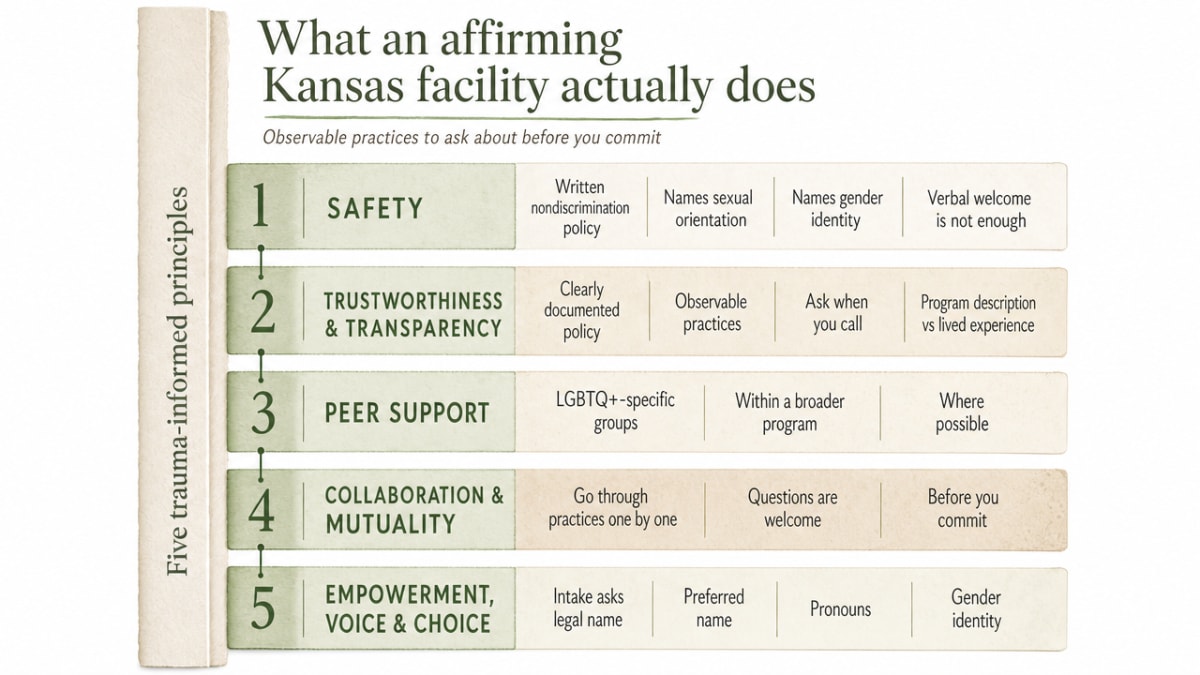 Visualize the five defined principles of trauma-informed care as applied to LGBTQ+ addiction treatment, directly supporting the section's cited SAMHSA framework