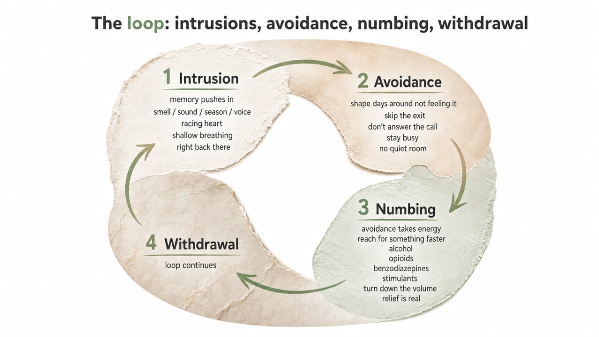 Visualize the four-stop PTSD-substance use loop described in the section, since the article explicitly walks through Intrusion, Avoidance, Numbing, and Withdrawal as a cyclical pattern