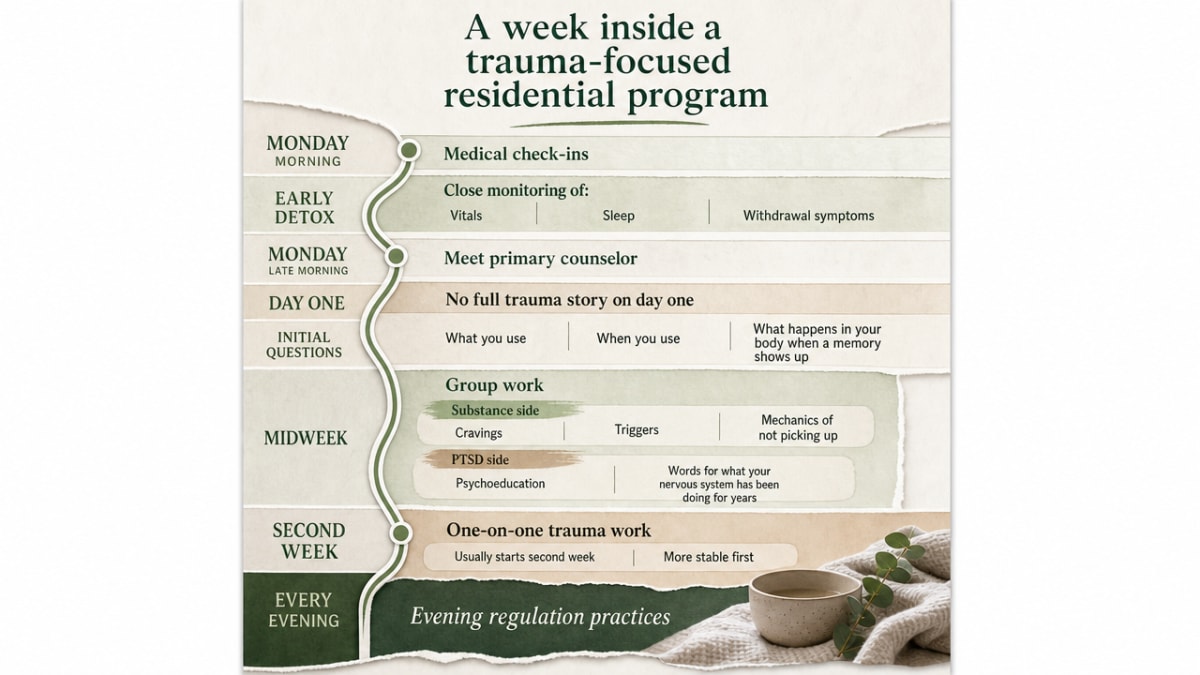Visualize the weekly patient journey described in the section, showing the daily progression from medical check-in through group work to trauma therapy and evening regulation practices