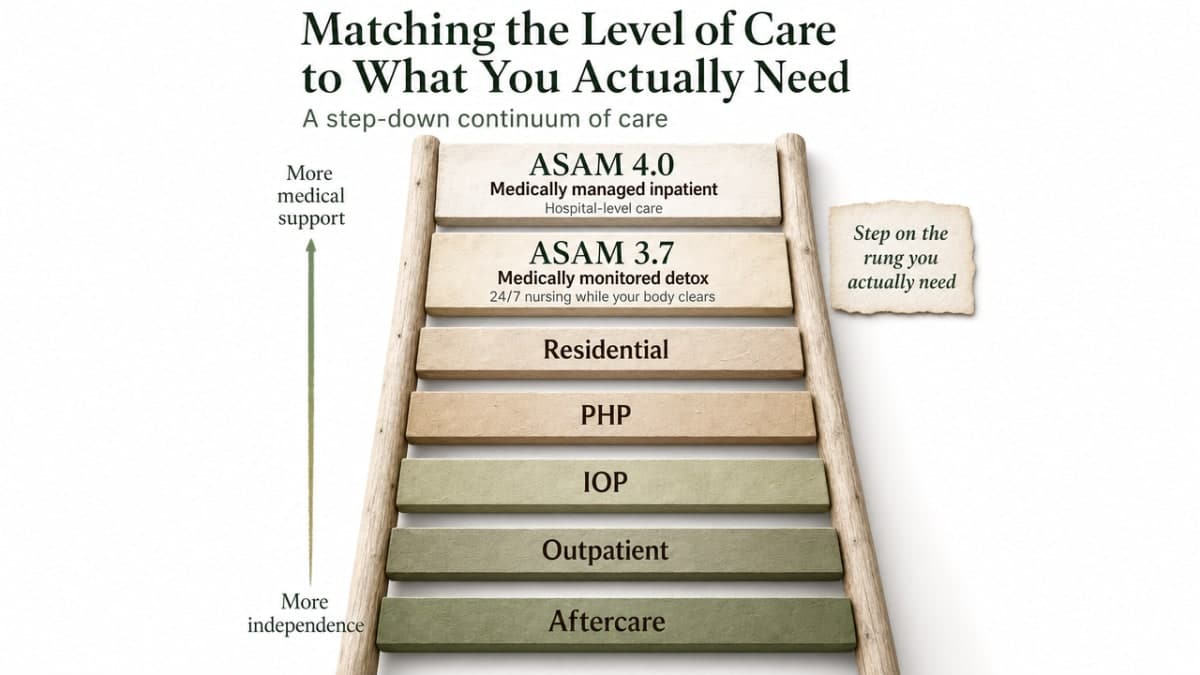 Visualize the continuum-of-care ladder described in this section, showing how ASAM levels step down through residential, PHP, IOP, outpatient, and aftercare