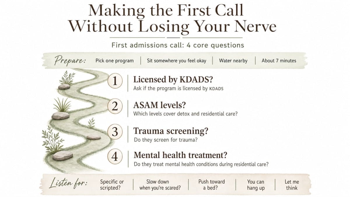 Provide a scannable checklist of the four core questions the article recommends asking on a first admissions call, reinforcing the section's practical guidance