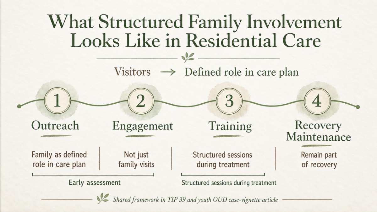Visualize the four-stage family involvement framework the section explicitly cites from TIP 39 and the youth OUD case-vignette article
