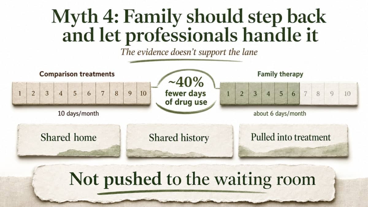 Visualize the meta-analysis finding that family therapy reduced days of drug use by ~40% more than comparison treatments, directly supporting the section's central claim