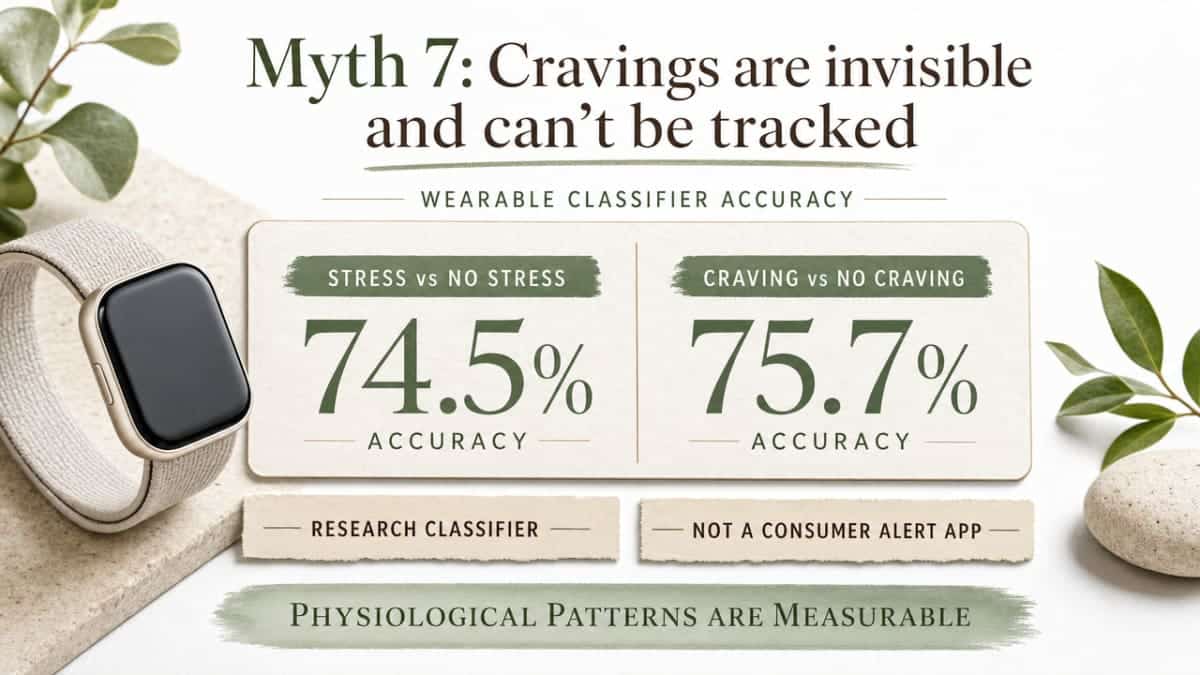 Show the wearable classifier's measured accuracy for detecting stress and craving states, reinforcing the section's evidence that cravings have measurable physiological signatures