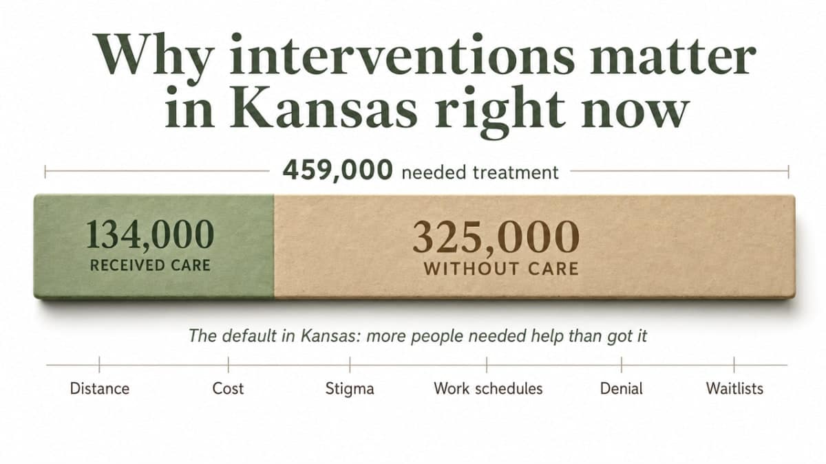 Visualize the treatment gap in Kansas cited directly in this section: 459,000 needing treatment vs 134,000 receiving it, leaving 325,000 without care