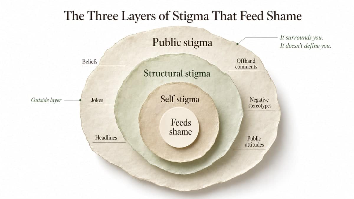 Visualize the three-layer stigma framework from the research (public, structural, self-stigma) that structures this entire section, giving readers a clear conceptual map of how the layers stack and feed each other