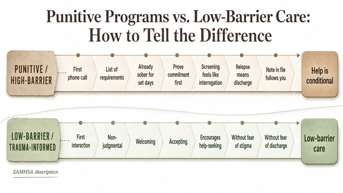 Support the section's explicit comparison between punitive and low-barrier programs with a side-by-side comparison infographic drawn directly from the article's listed signals and SAMHSA guidance