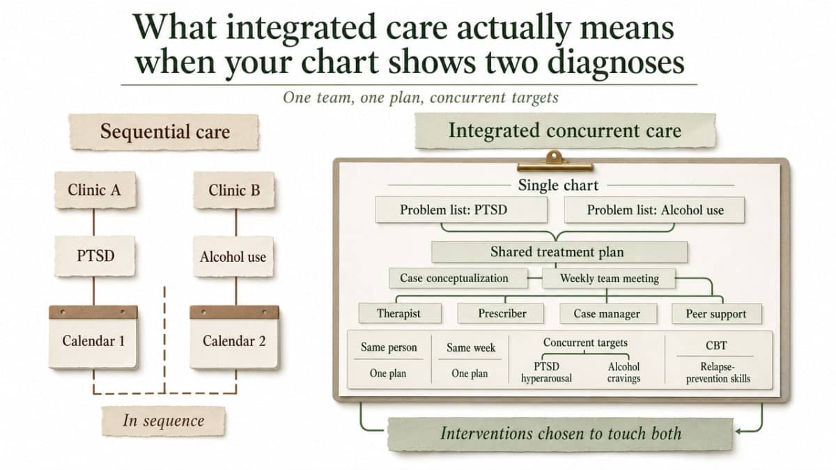 Visualize the contrast between fragmented sequential care and integrated concurrent care as described in this section's operating model, supporting the 'one team, one plan, concurrent targets' framework