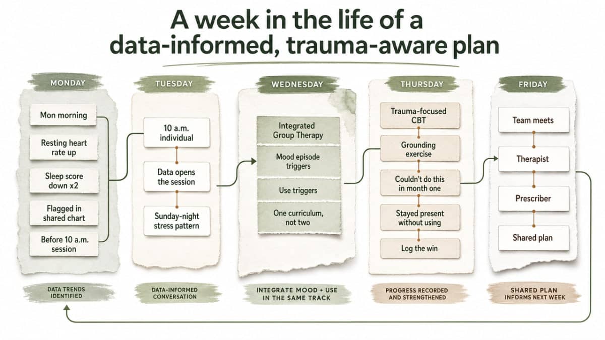 Process infographic visualizing the weekly clinical workflow described in the section, showing how wearable data, therapy sessions, group work, and team meetings coordinate across days