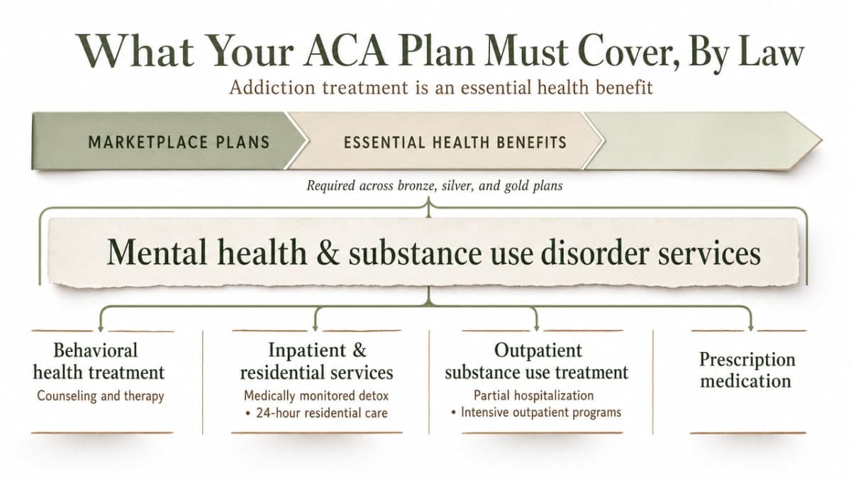 Visualize the four categories of addiction care every Marketplace plan must cover as an essential health benefit, directly supporting the section's cited list from healthcare.gov