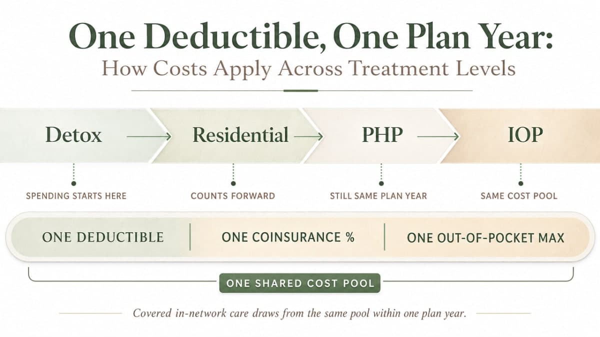 Process infographic showing how a single deductible and out-of-pocket maximum accumulates across the continuum of care (detox → residential → PHP → IOP) within one plan year, directly supporting the section's operational explanation