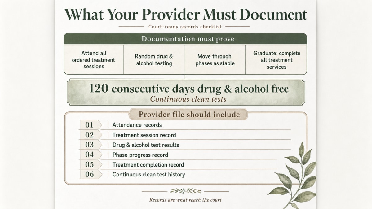 Turn the provider documentation checklist into a scannable reference readers can bring to their probation officer, directly mirroring the section's cited items from Rule 192 and the Drug Court Participant Handbook
