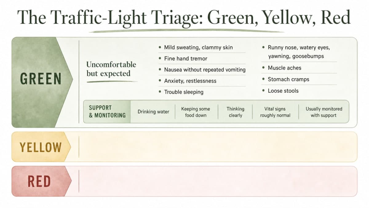 Visualize the three-tier symptom triage framework that structures the entire section, giving readers a scannable reference for green, yellow, and red symptoms
