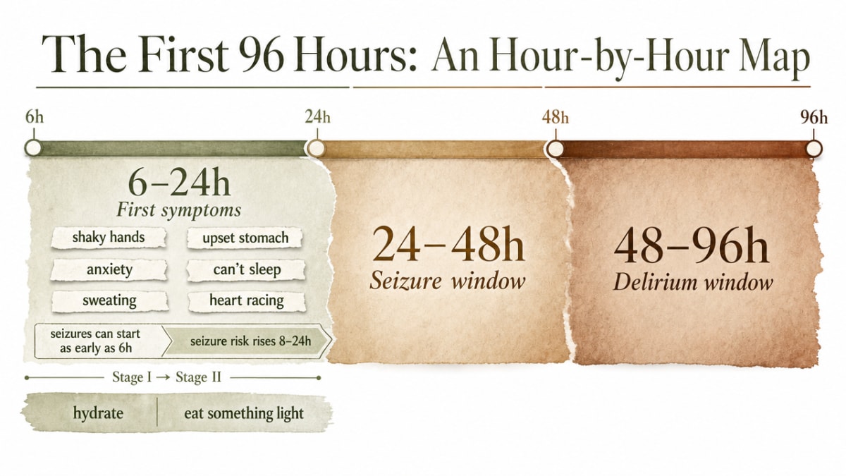 Visualize the cited alcohol withdrawal progression timeline (6-24h symptoms, 24-48h seizure window, 48-96h delirium window) that structures the section's three subsections