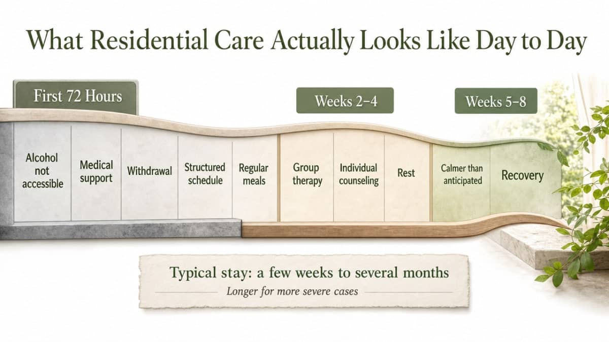 Illustrate the residential treatment timeline described in the section, from the first 72 hours through week eight