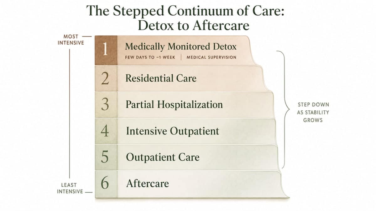 Visualize the six-level stepped continuum of care described in this section as a clear vertical ladder from most to least intensive