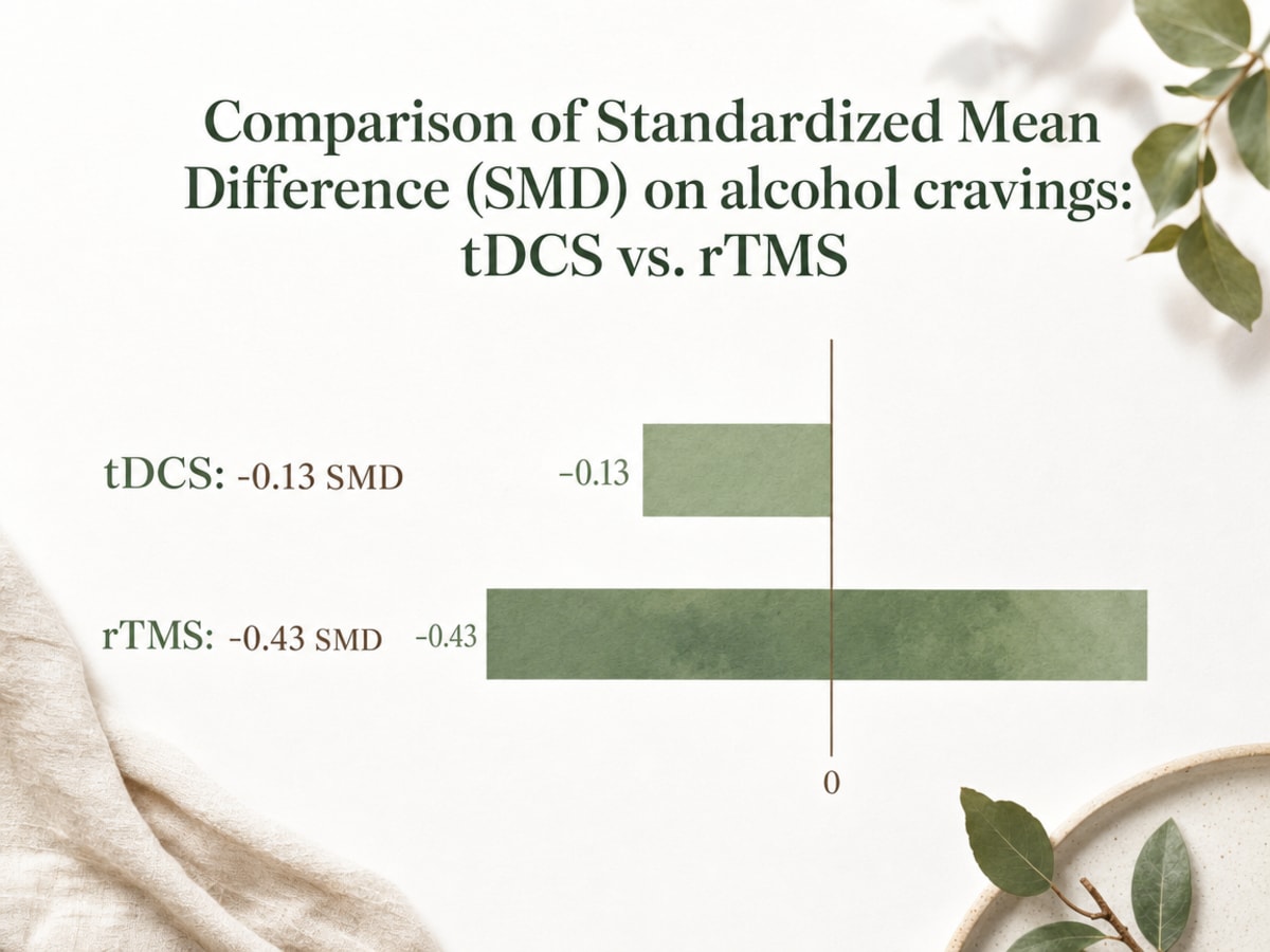 Chart showing Comparison of Standardized Mean Difference (SMD) on alcohol cravings: tDCS vs. rTMS
