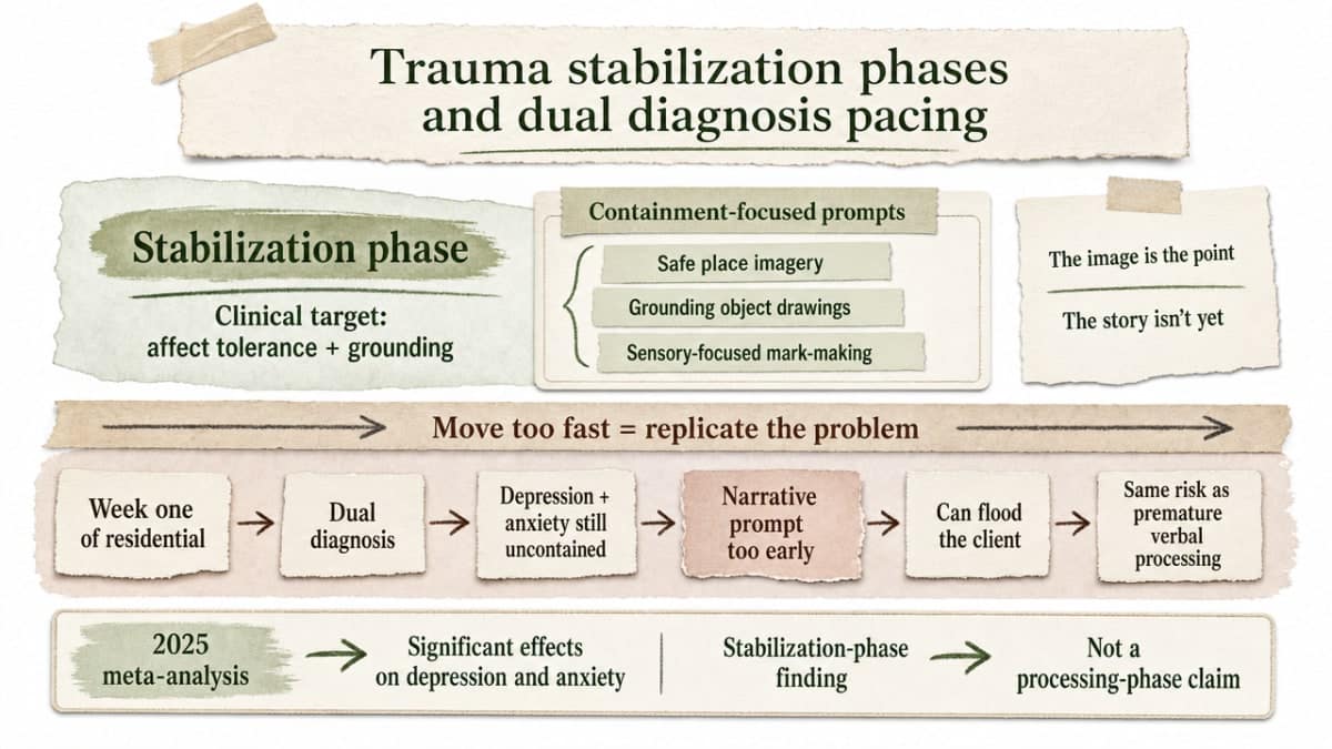 Process infographic visualizing the article's pacing guidance for when to use containment-focused vs. narrative art therapy prompts across trauma stabilization phases