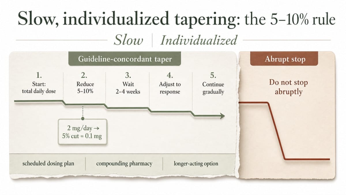 Show the guideline-concordant taper pace versus abrupt discontinuation, directly matching the section's cited 5-10% every 2-4 weeks rule and the guideline warning against abrupt stops