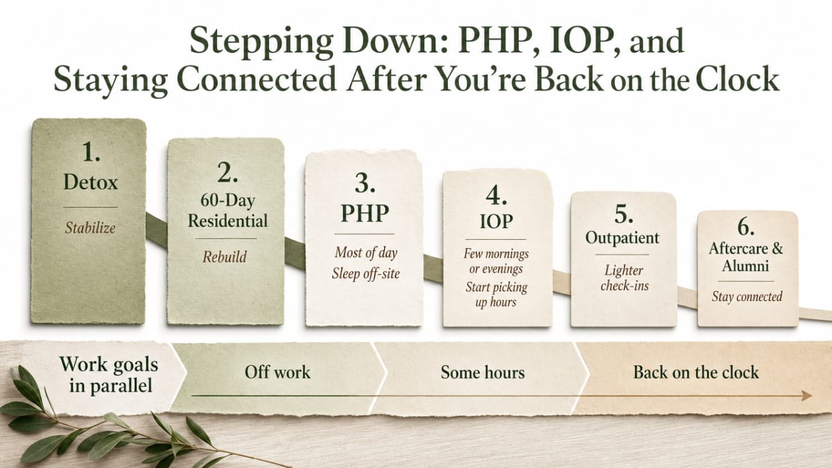 Visualize the continuum of care described in the section (detox to residential to PHP to IOP to outpatient to aftercare) as a step-down pathway that parallels return to work