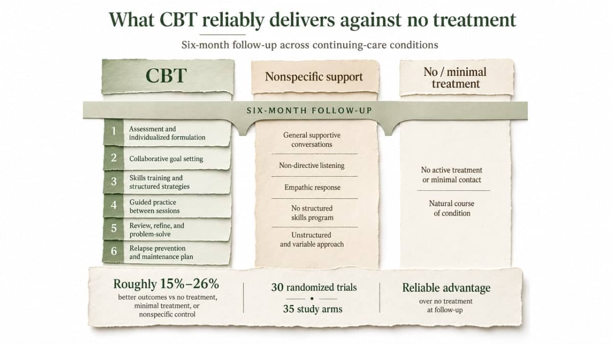 Visualize the six-month follow-up outcomes across the three treatment conditions directly cited in the continuing-care evidence, supporting the article's argument about structured, skills-based care versus vague support