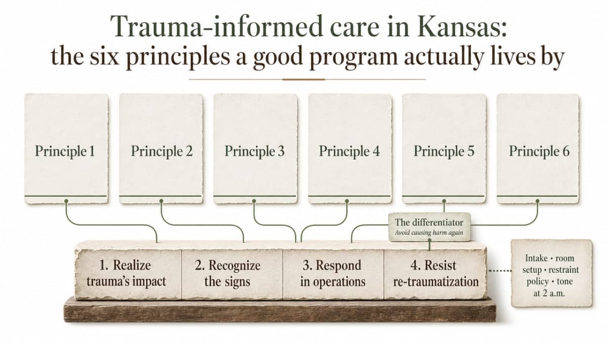 Visualize the six Kansas trauma-informed care principles named in the section, giving readers a scannable reference to the framework cited from KDHE