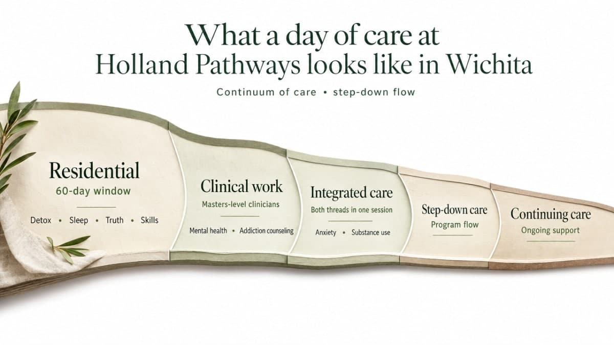 Show the continuum-of-care step-down process described across the article (residential through continuing care), giving readers a visual anchor for length of stay and program flow