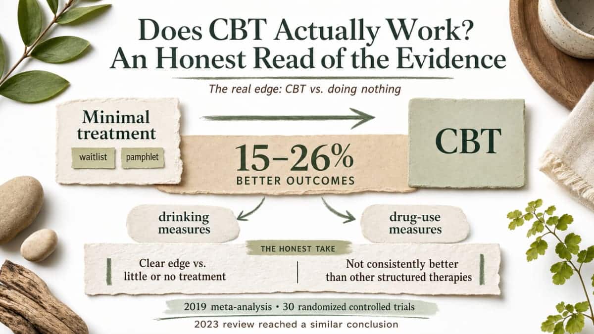 Reinforce the specific effect-size range cited in the article prose (15-26% better outcomes vs. minimal treatment) alongside the honest caveat that CBT does not consistently outperform other structured therapies