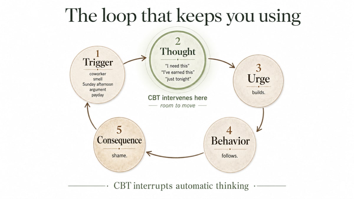 Visualize the five-link CBT loop described in the section so readers can see the exact sequence and where CBT intervenes