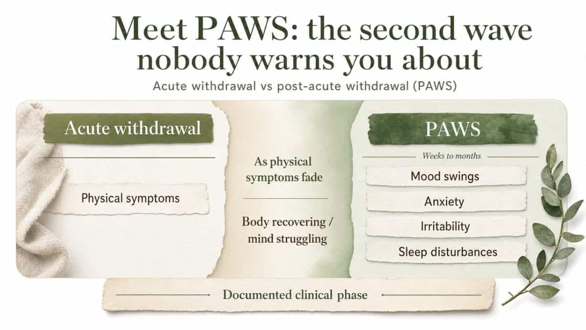 Compare acute withdrawal vs post-acute withdrawal side by side, directly supporting the section's explicit comparison between the two phases and citation of PAWS symptoms