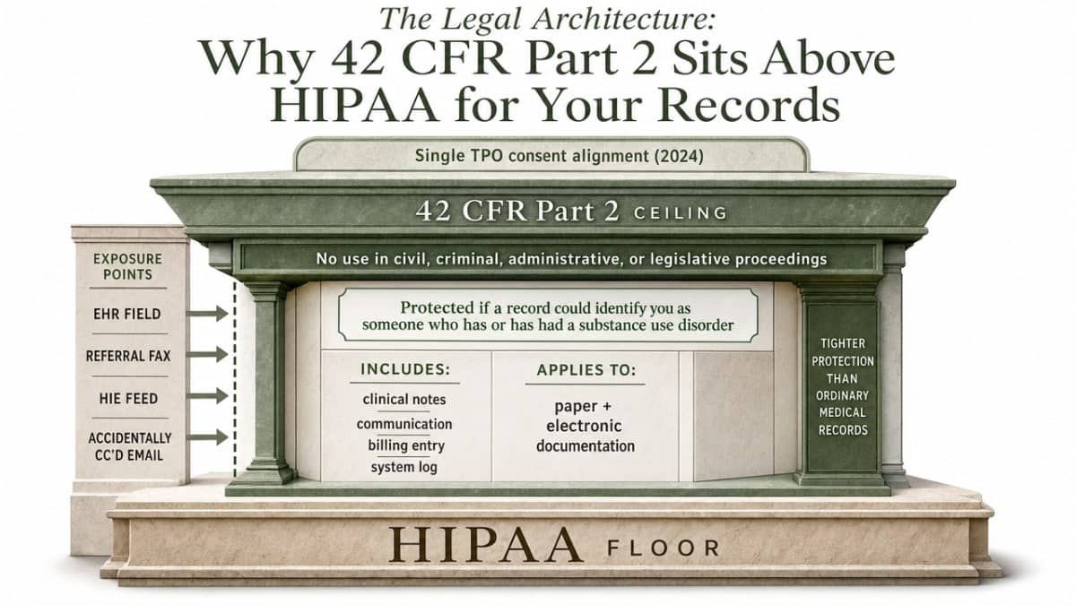 Visualize the layered legal shield concept — HIPAA as the floor and 42 CFR Part 2 as the tighter ceiling — clarifying protections cited in this section including the prohibition on use in civil, criminal, administrative, or legislative proceedings and the 2024 single TPO consent alignment