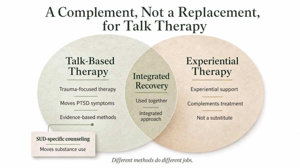 Illustrate the 'two doorways into the same room' framing explicitly described in this section, comparing what talk therapy reaches versus what experiential therapy reaches inside a residential day