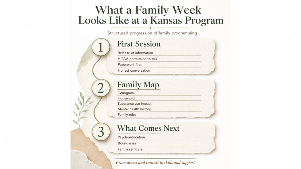 Illustrate the structured weekly progression of family programming described in this section (first session paperwork/genogram, psychoeducation and boundaries, family self-care), which is a process-ready sequence directly explained in the article