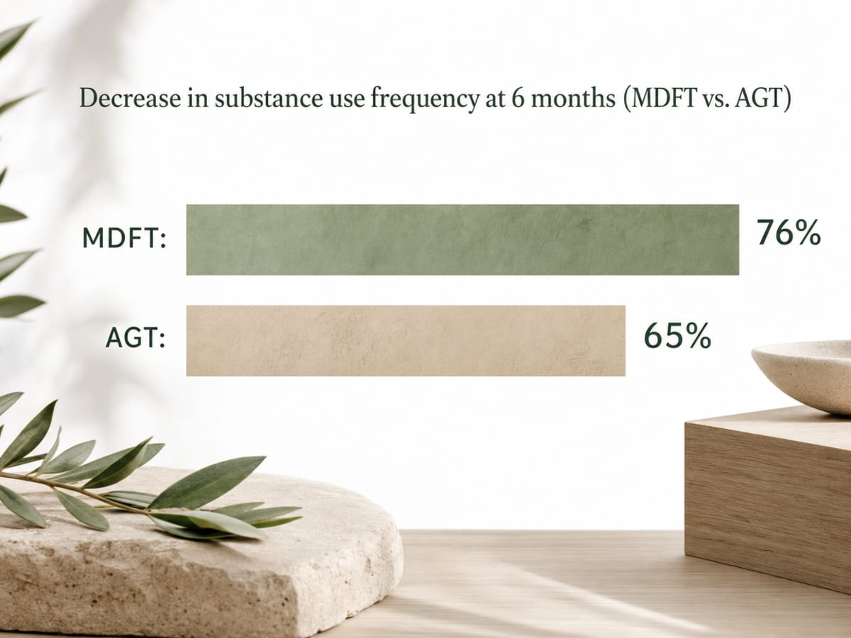 Chart showing Decrease in substance use frequency at 6 months (MDFT vs. AGT)
