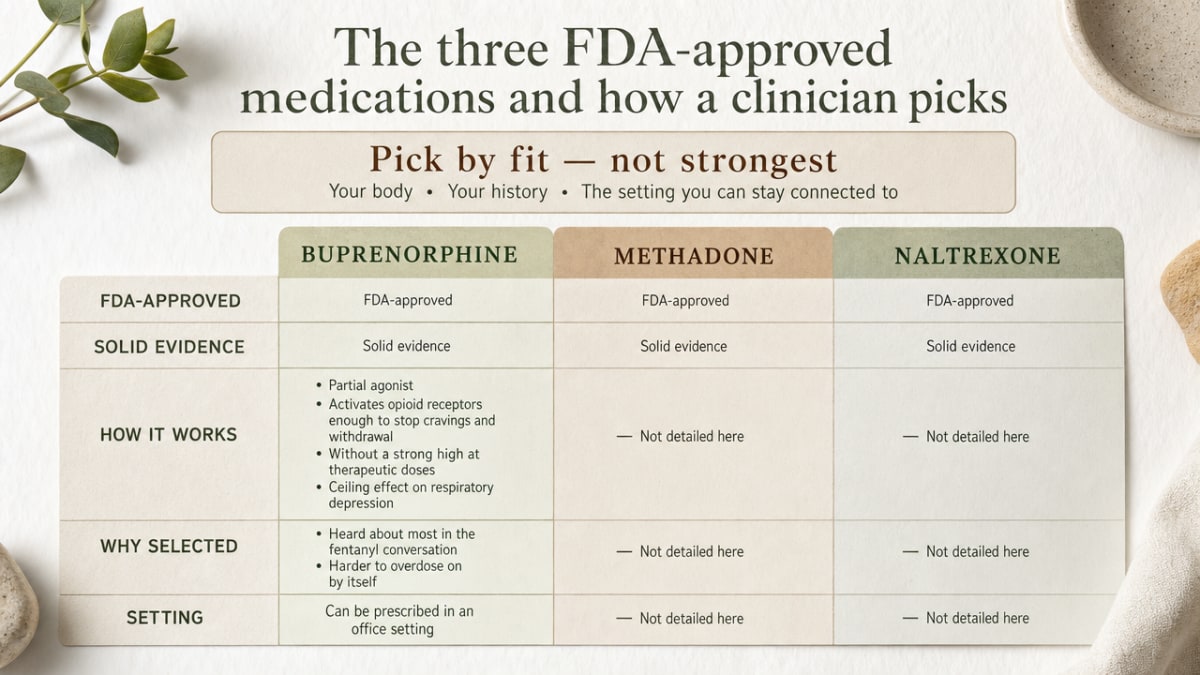 Compare the three FDA-approved MOUD options described in the section in a side-by-side reference the reader can scan