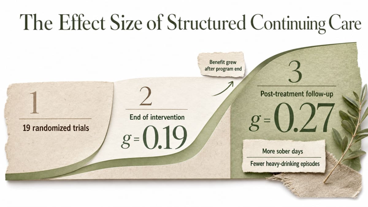 Visualize the meta-analytic effect sizes of continuing care on SUD outcomes, which are cited directly in the surrounding prose (g=0.19 at end of intervention, g=0.27 at post-treatment follow-up)