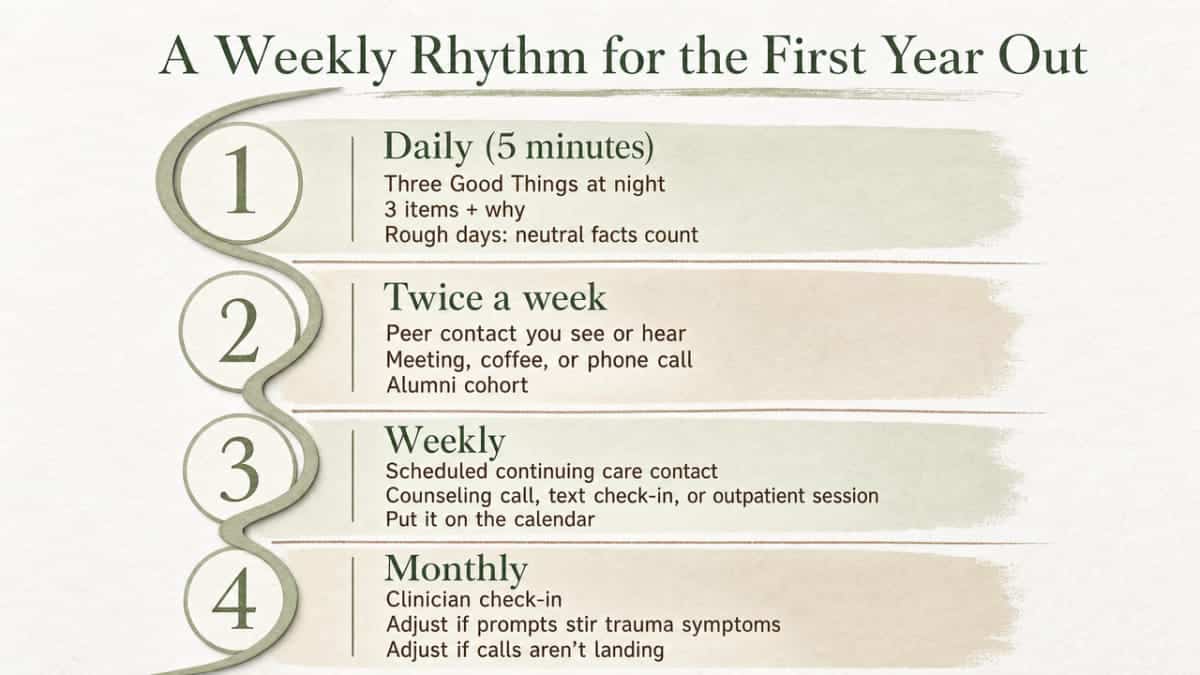 Visualize the four-tier weekly aftercare rhythm (Daily, Twice a Week, Weekly, Monthly) explicitly outlined in this section, giving readers a scannable operating model of the recommended cadence
