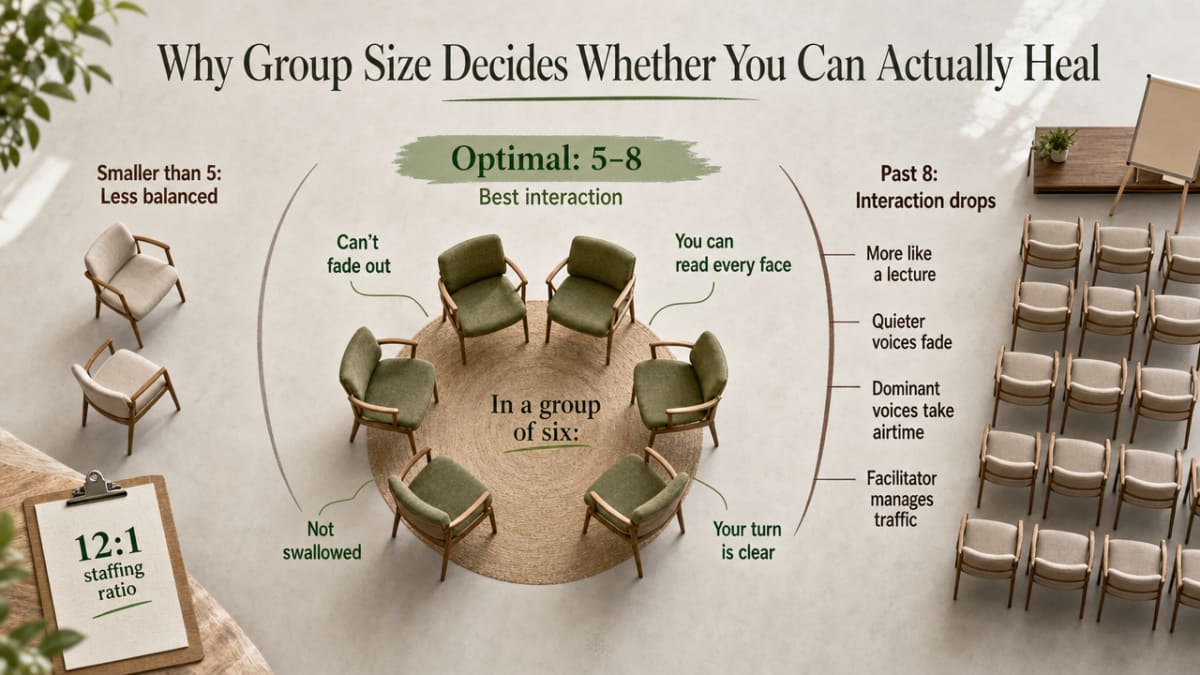 Visualize the research-recommended small-group size range (5-8) that the section explicitly discusses, alongside the 12:1 staffing ratio mentioned in the article prose
