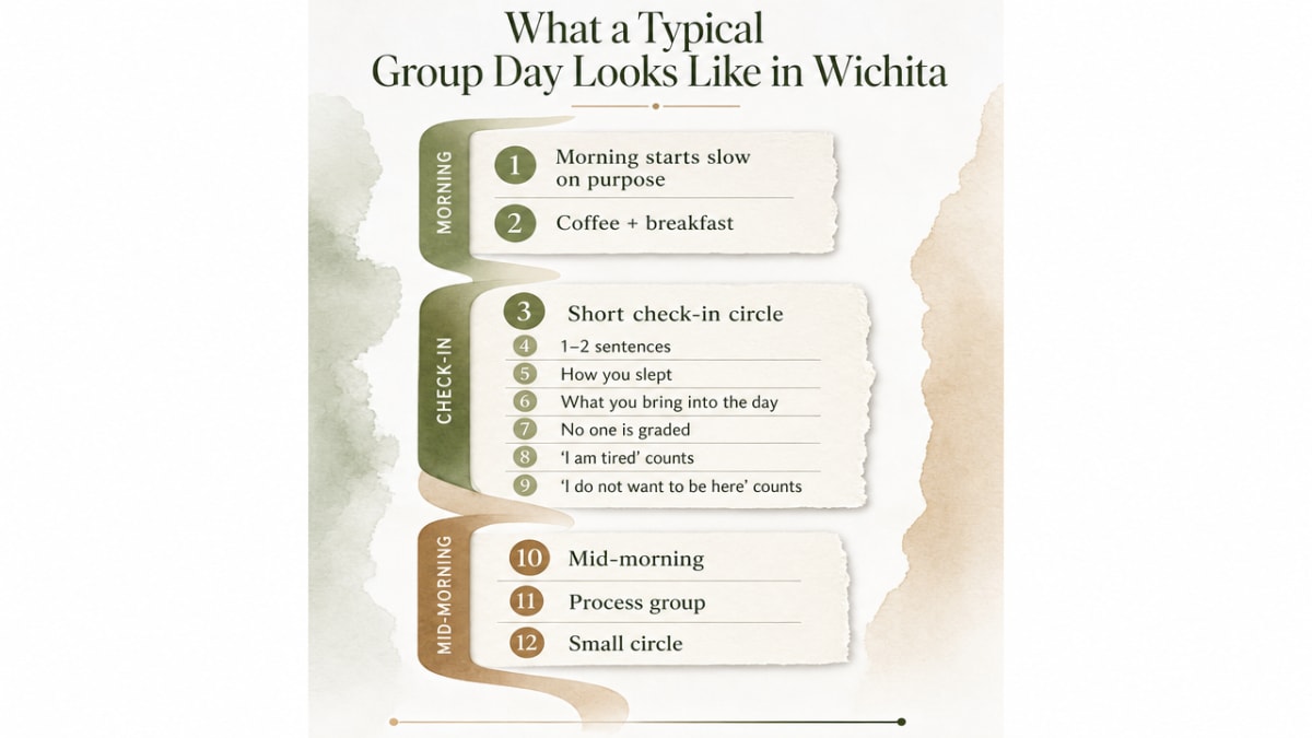 Process infographic visualizing the cited daily schedule and evidence-based group formats described in this section